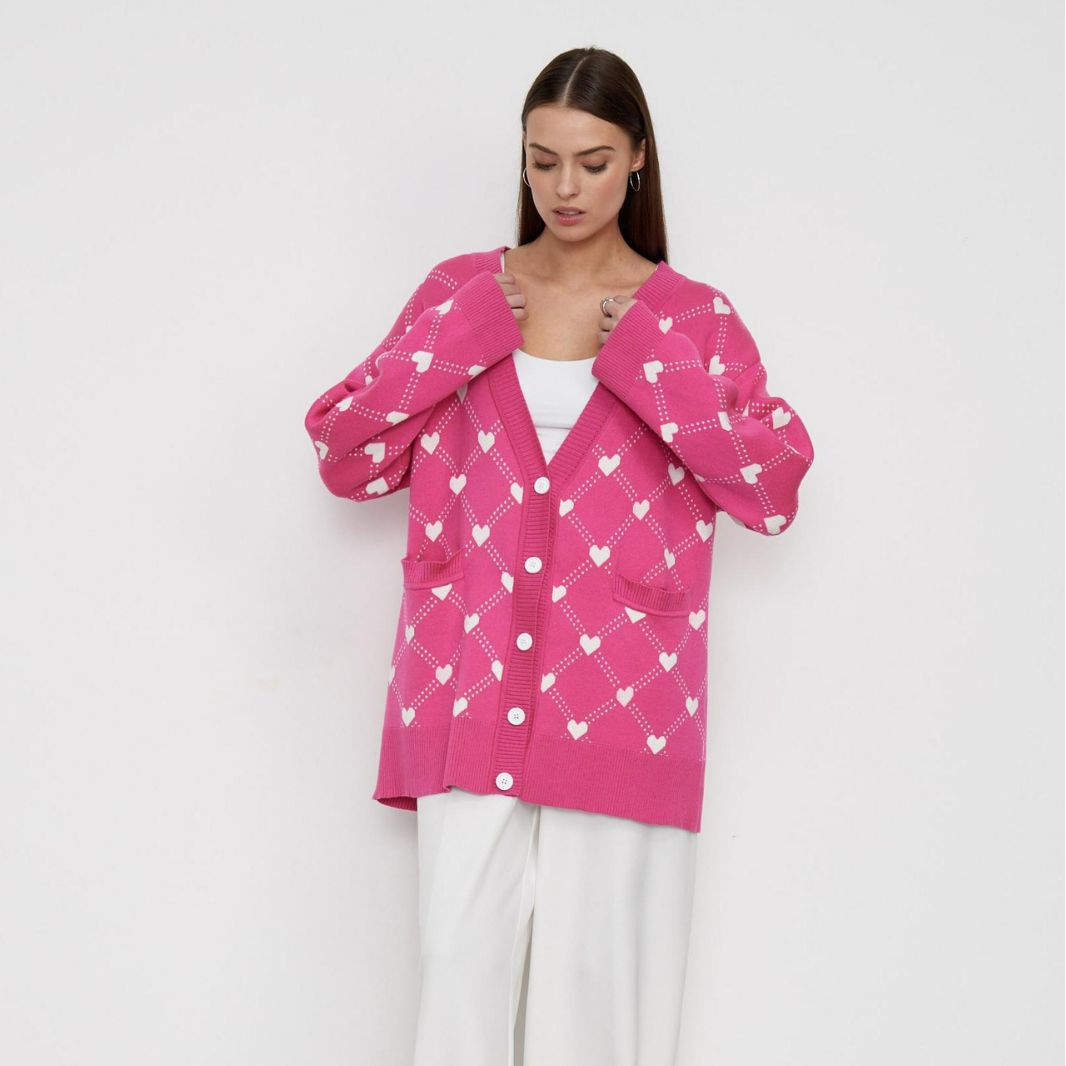 Lovely Pink Sweet Heart Fall Knitted Cardigan