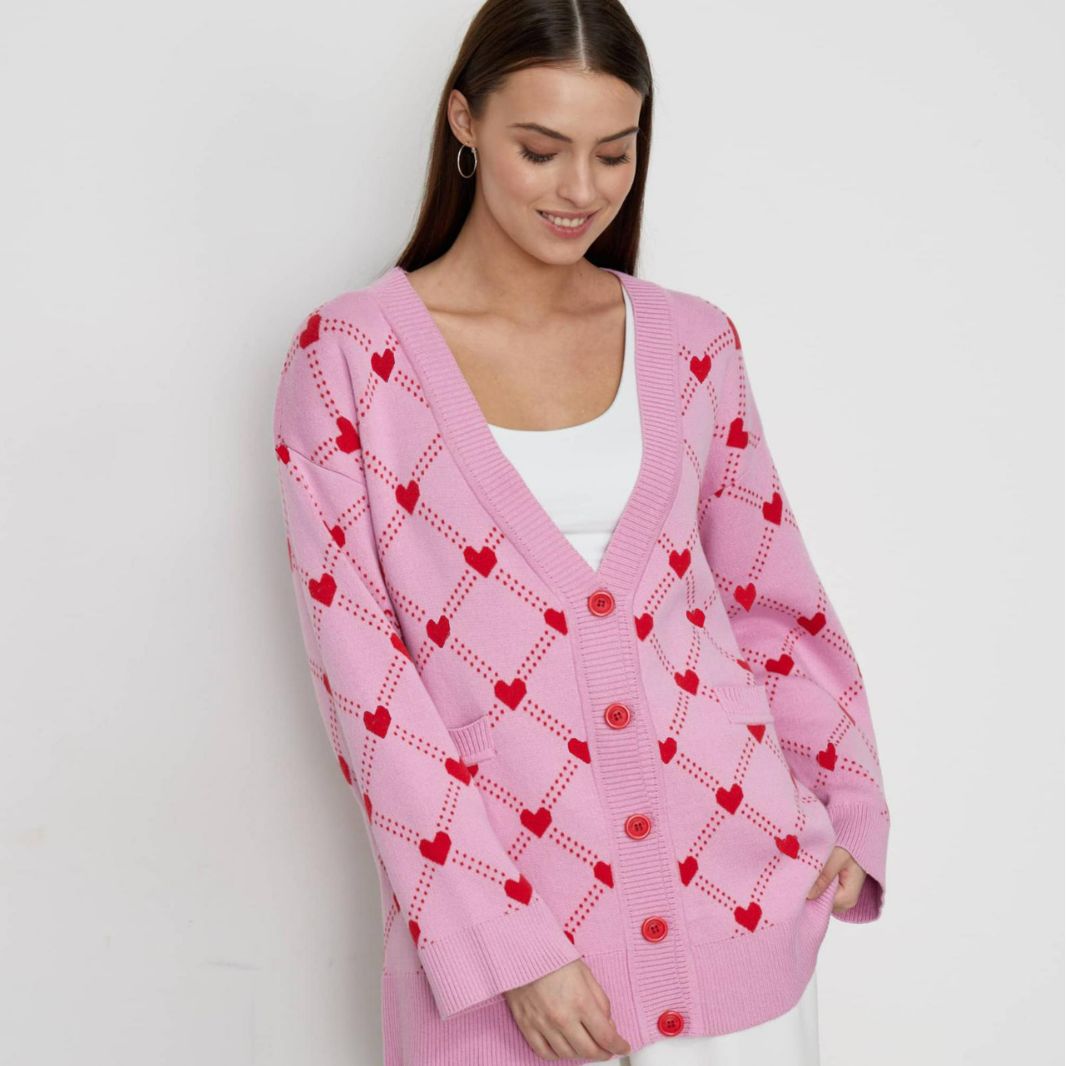 Lovely Pink Sweet Heart Fall Knitted Cardigan