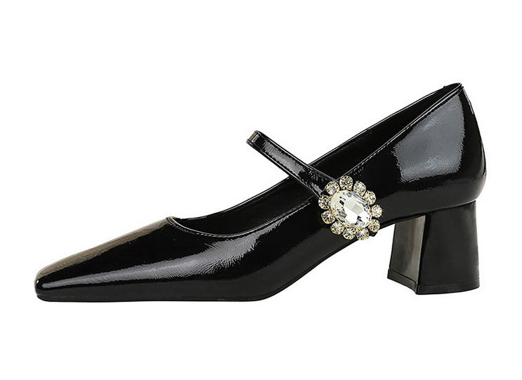 Women's Flat Heels Square Head Rhinestone Buckle Shoes