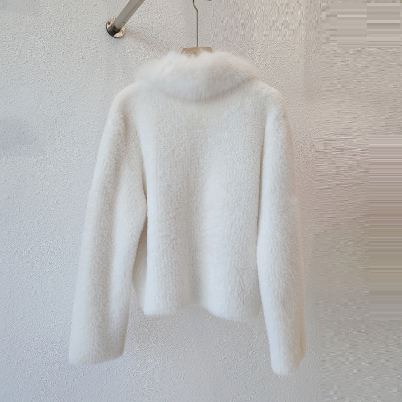 White Fox Fur Neck Short Knitted Jackets for Women