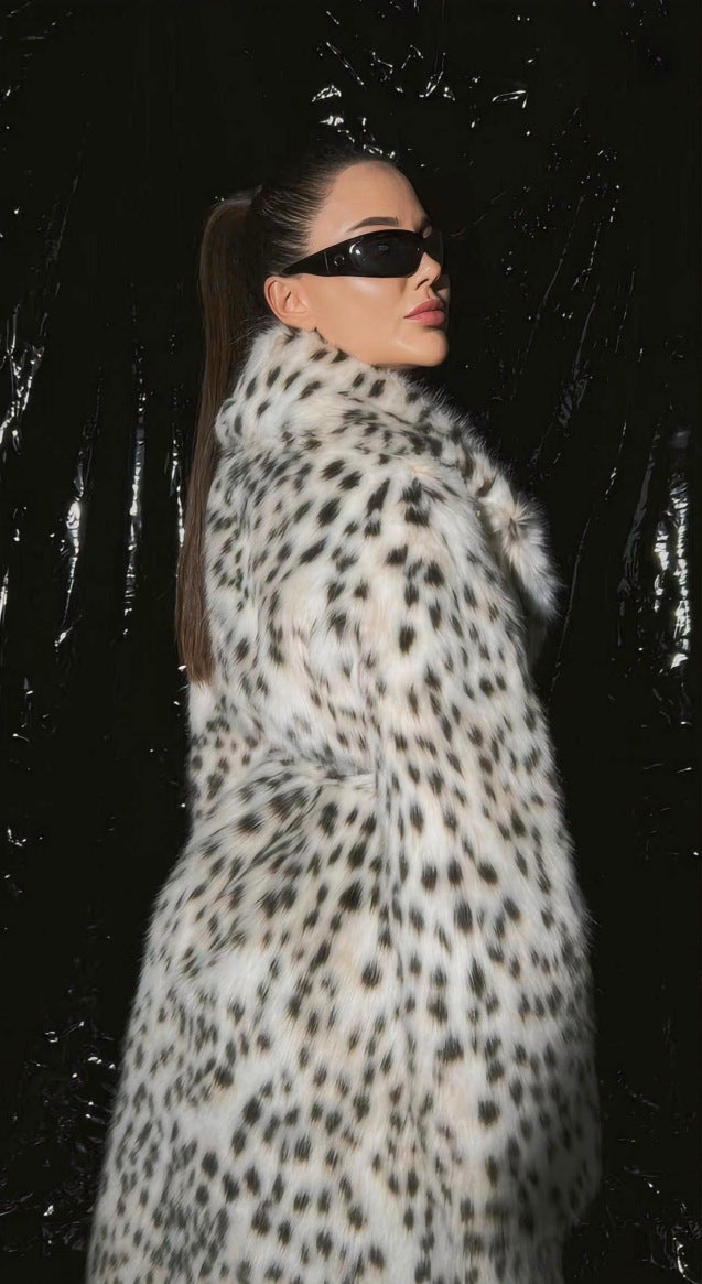 Designed Leopard Faux Fox Fur Overcoats for Women