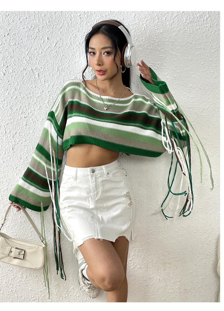 Sexy Rainbow Striped Tassels Short Knitted Blouses