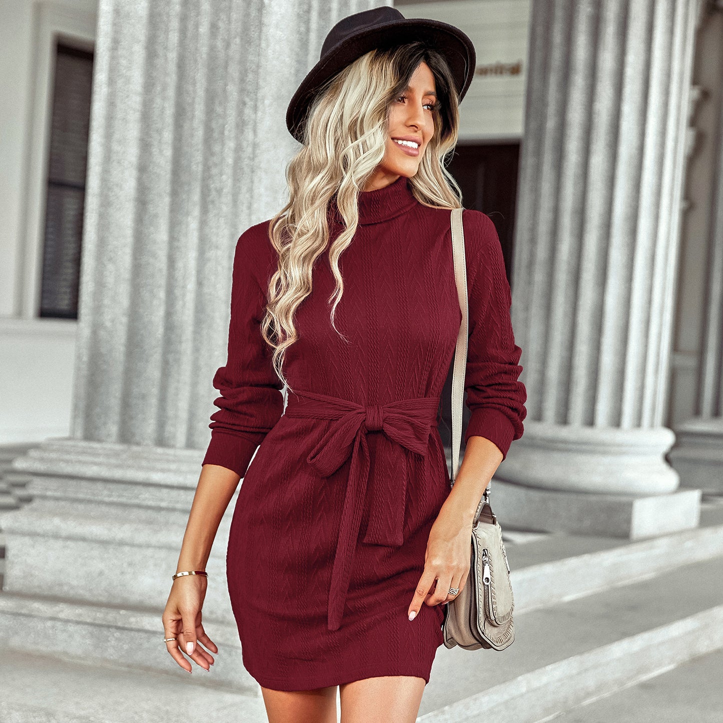 Fashion High Neck Knitted Short Dresses