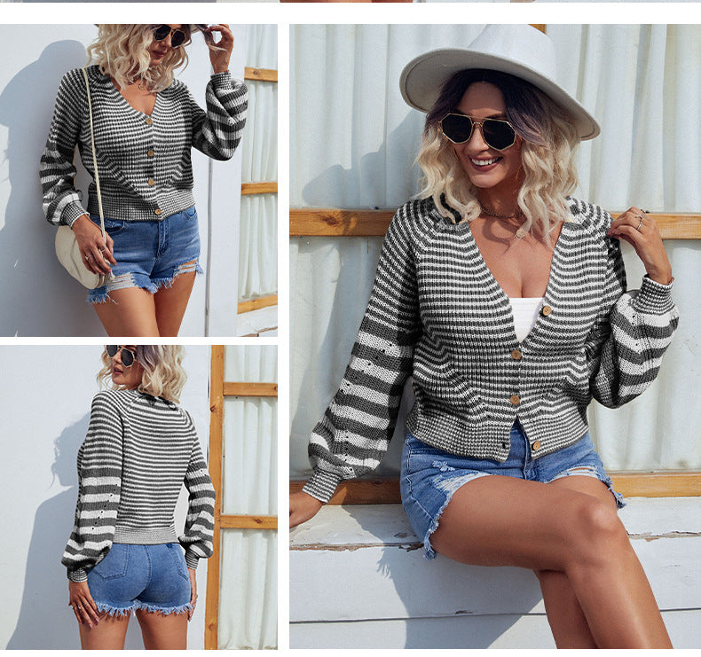 Casual Fall Knitted Striped Cardigan Coats for Women