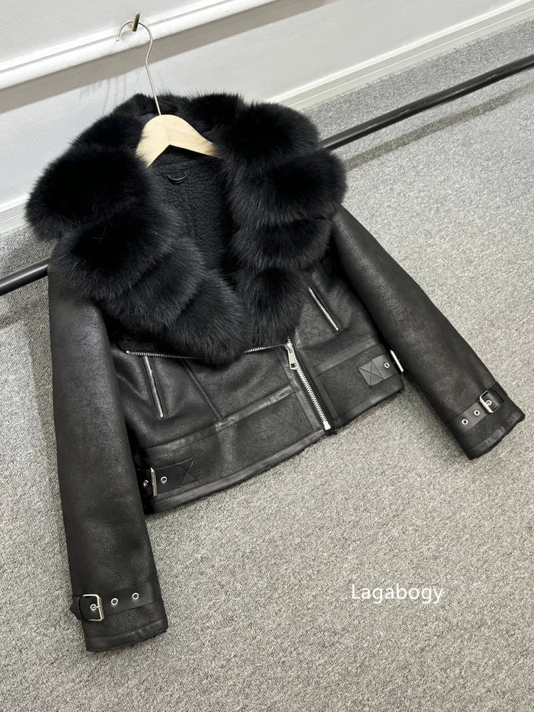 Fashion Winter Women Faux Fur Leather Jacket Coats