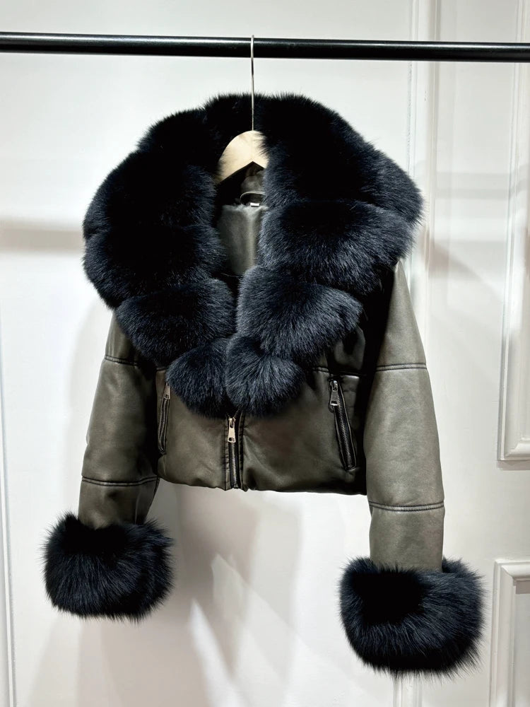 Fashion Fox Fur Women Winter Short PU Leather Jacket Warm Coat