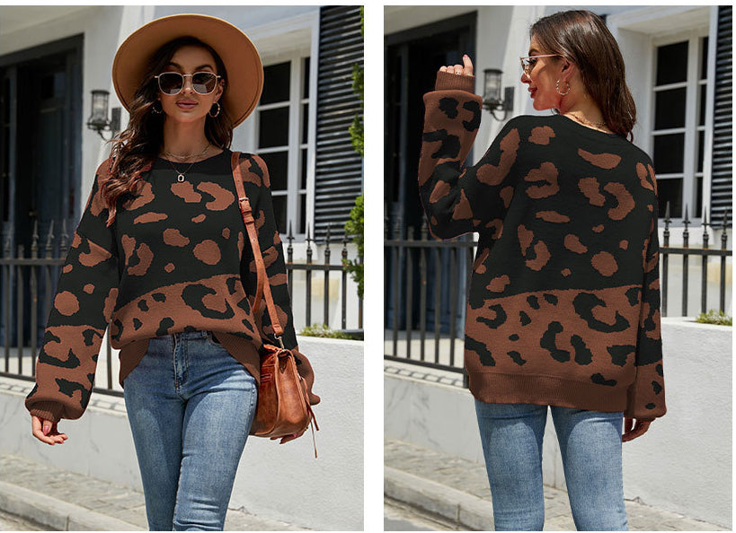 Fashion Round Neck Leopard Knitted Pullover Sweaters