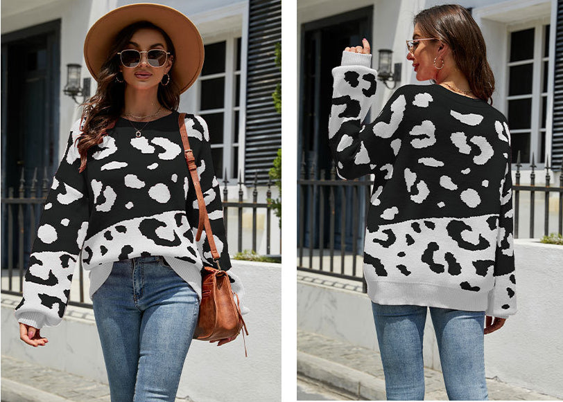 Fashion Round Neck Leopard Knitted Pullover Sweaters