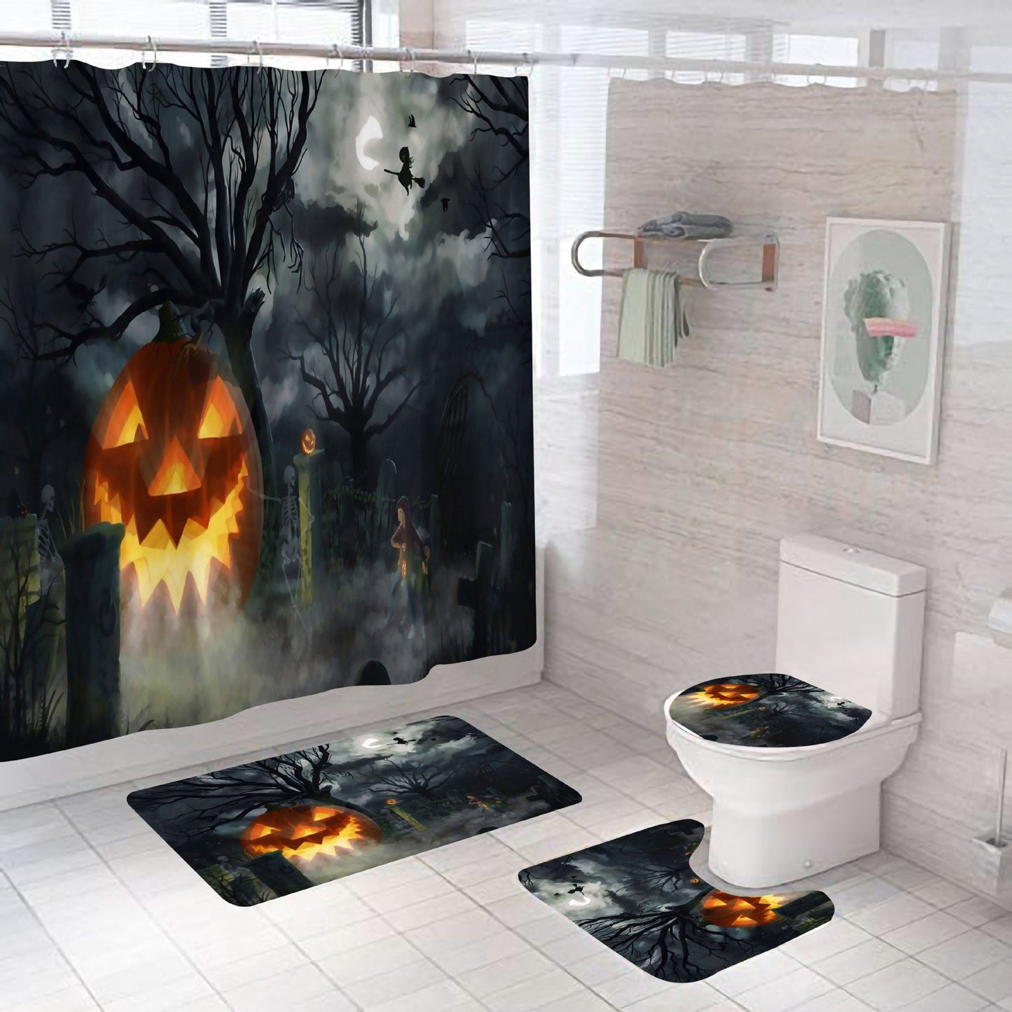 Halloween Shower Curtain Bathroom Rug Set Bath Mat Non-Slip Toilet Lid Cover-STYLEGOING