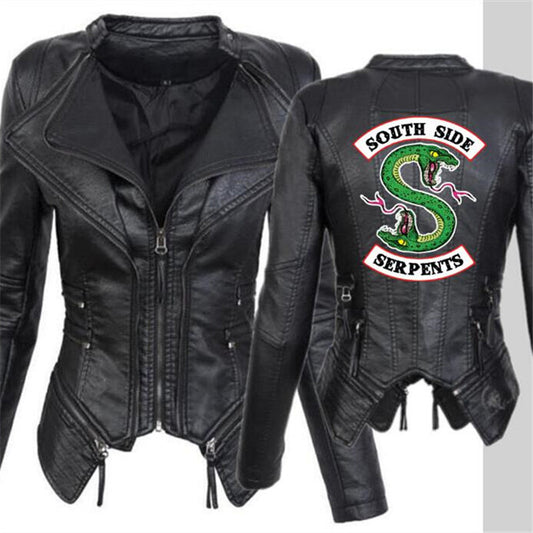 Women PU Leather Zipper Short Jacket Coat with Print