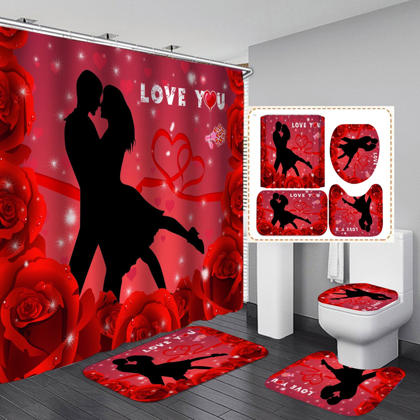 Valentine's Bathroom Shower Curtain Sets with Rug-STYLEGOING