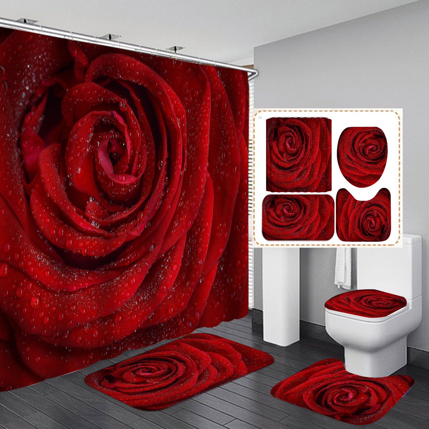 Valentine's Red Rose Bathroom Shower Curtain Sets-STYLEGOING