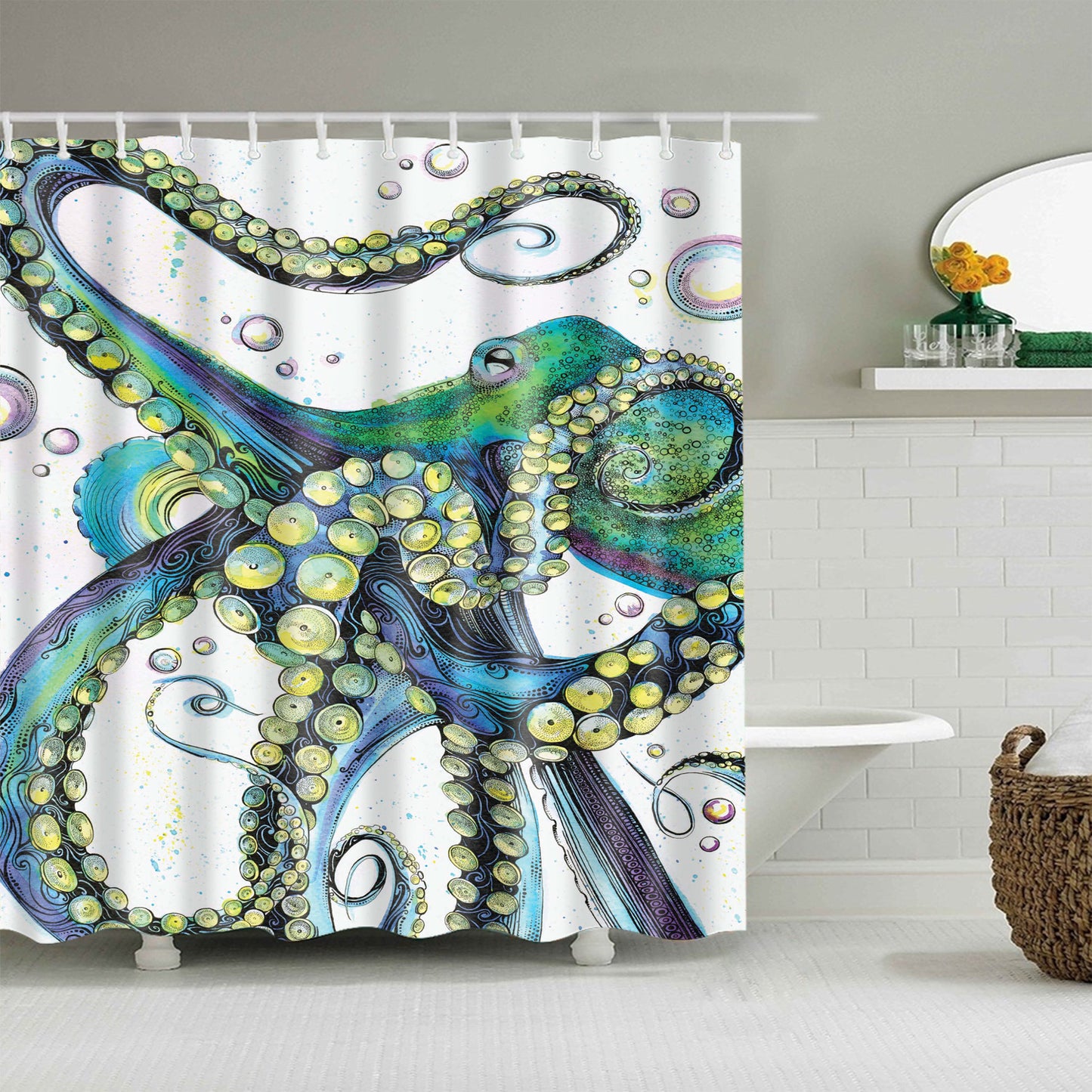 Green Octopus Fabric Shower Curtain-STYLEGOING