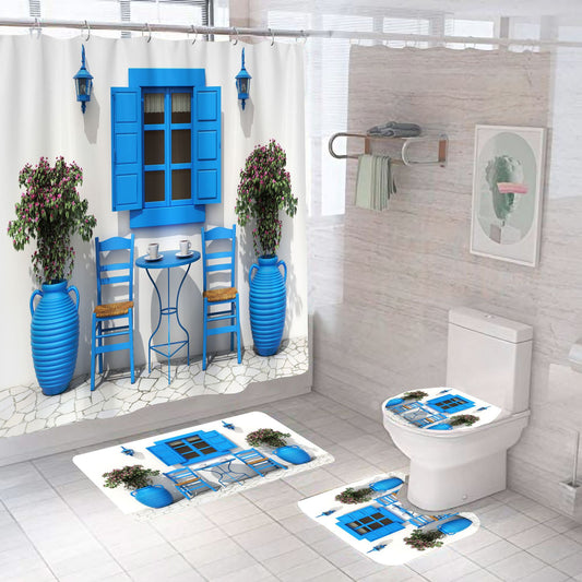 Blue Window&White Wall Bathroom Fabric Shower Curtain Sets