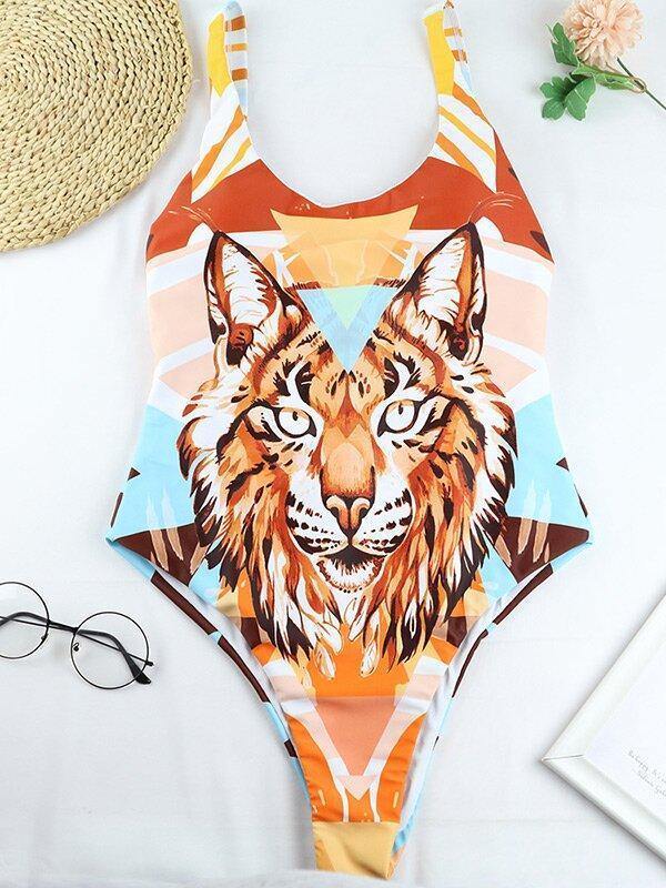 Sexy Tiger Print Backless One-Piece Swimwear-STYLEGOING