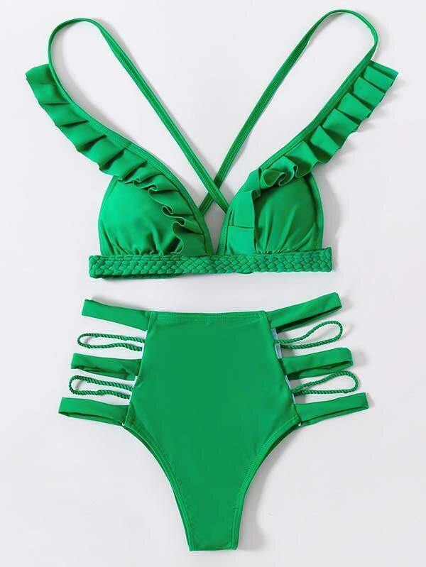 Green High-Waisted Hollow Bikini Swimwear-STYLEGOING