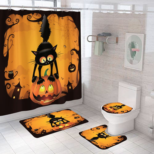 Pumpkin Halloween Shower Curtain Bathroom Rug Set Bath Mat Non-Slip Toilet Lid Cover-STYLEGOING