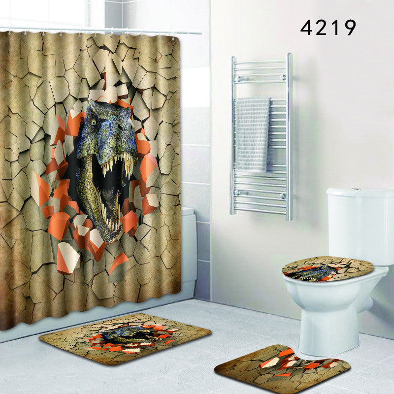 3D Wall Animal Design Shower Curtain Bathroom Rug Set Bath Mat Non-Slip Toilet Lid Cover