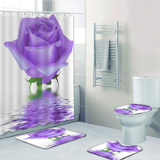 3D Purple Flower Bathroom Fabric Shower Curtain Sets