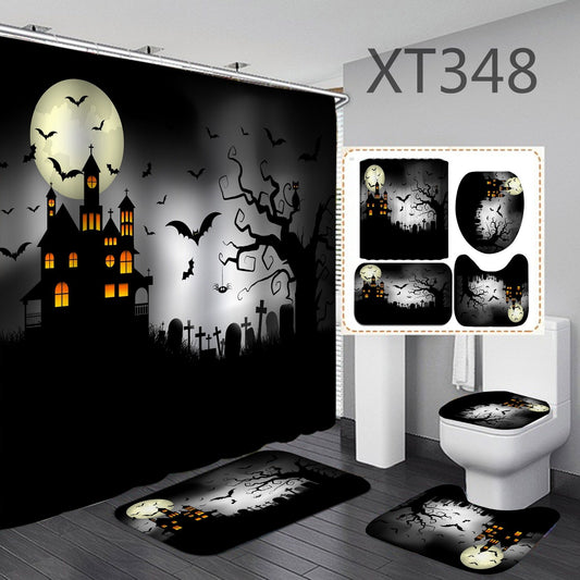 Happy Halloween Shower Curtain Bathroom Rug Set Bath Mat Non-Slip Toilet Lid Cover-STYLEGOING