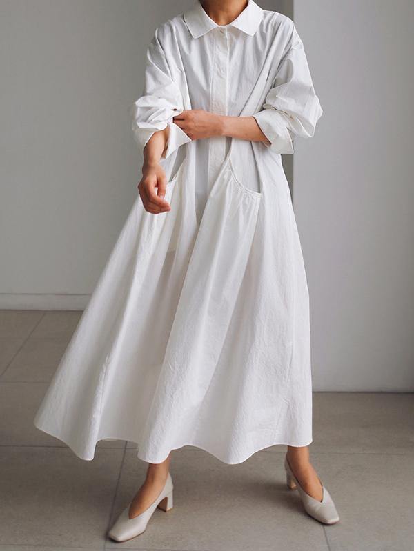 Urban White Lapel Long Shirt Dress-STYLEGOING