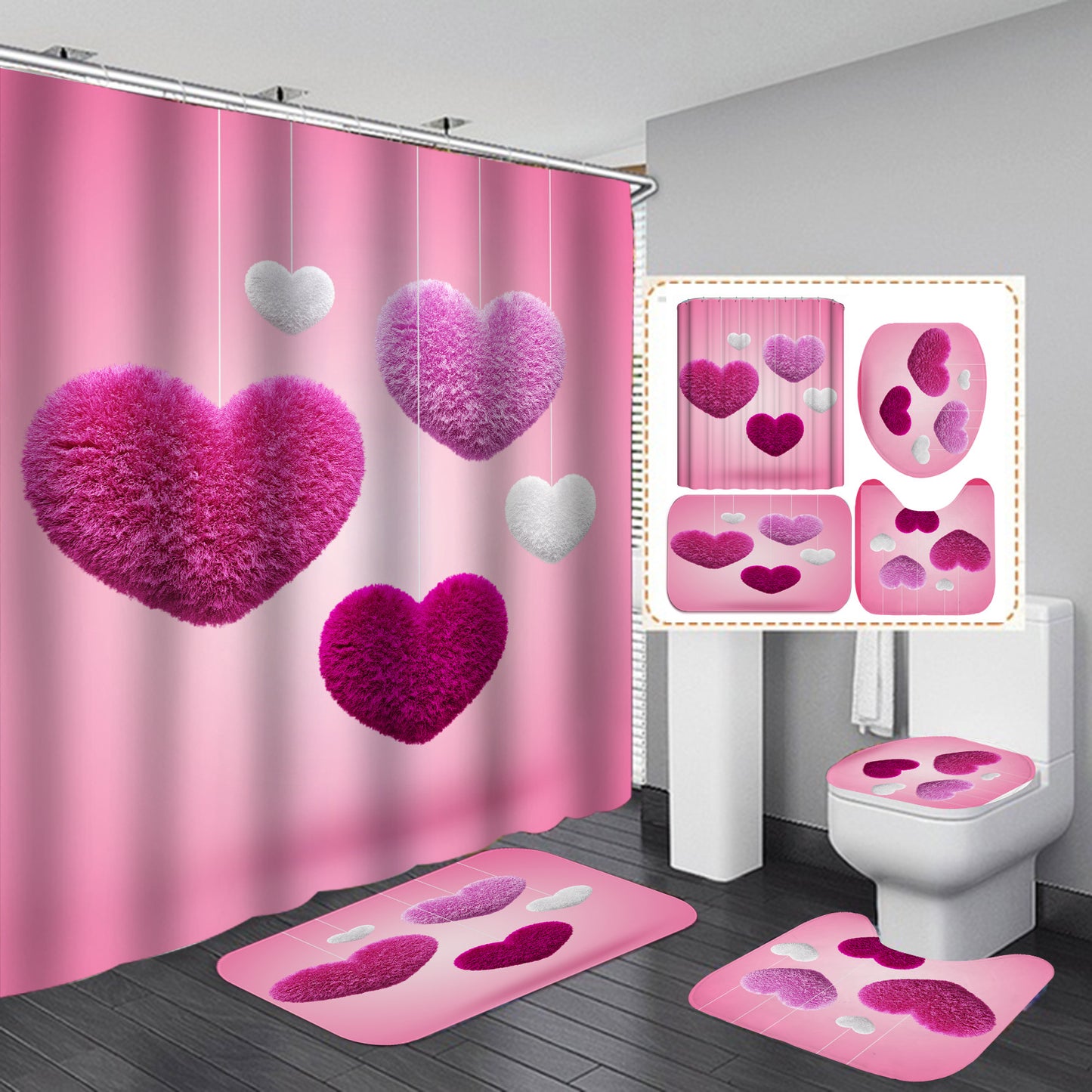 Valentine's Day Pink Love Heart Bathroom Shower Curtain Sets-STYLEGOING