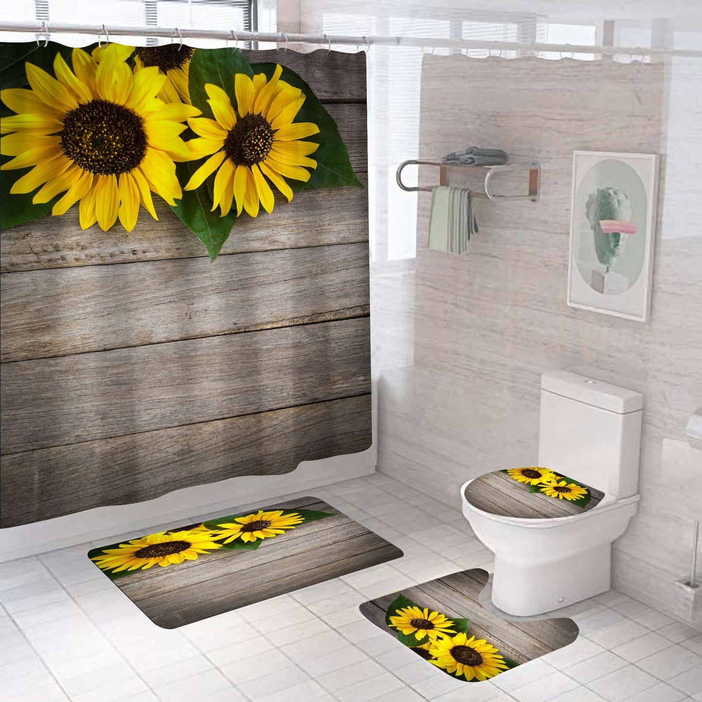 Vintage Sunflowers Shower Curtain Sets Rug & Mat Non-Slip Toilet Lid Cover