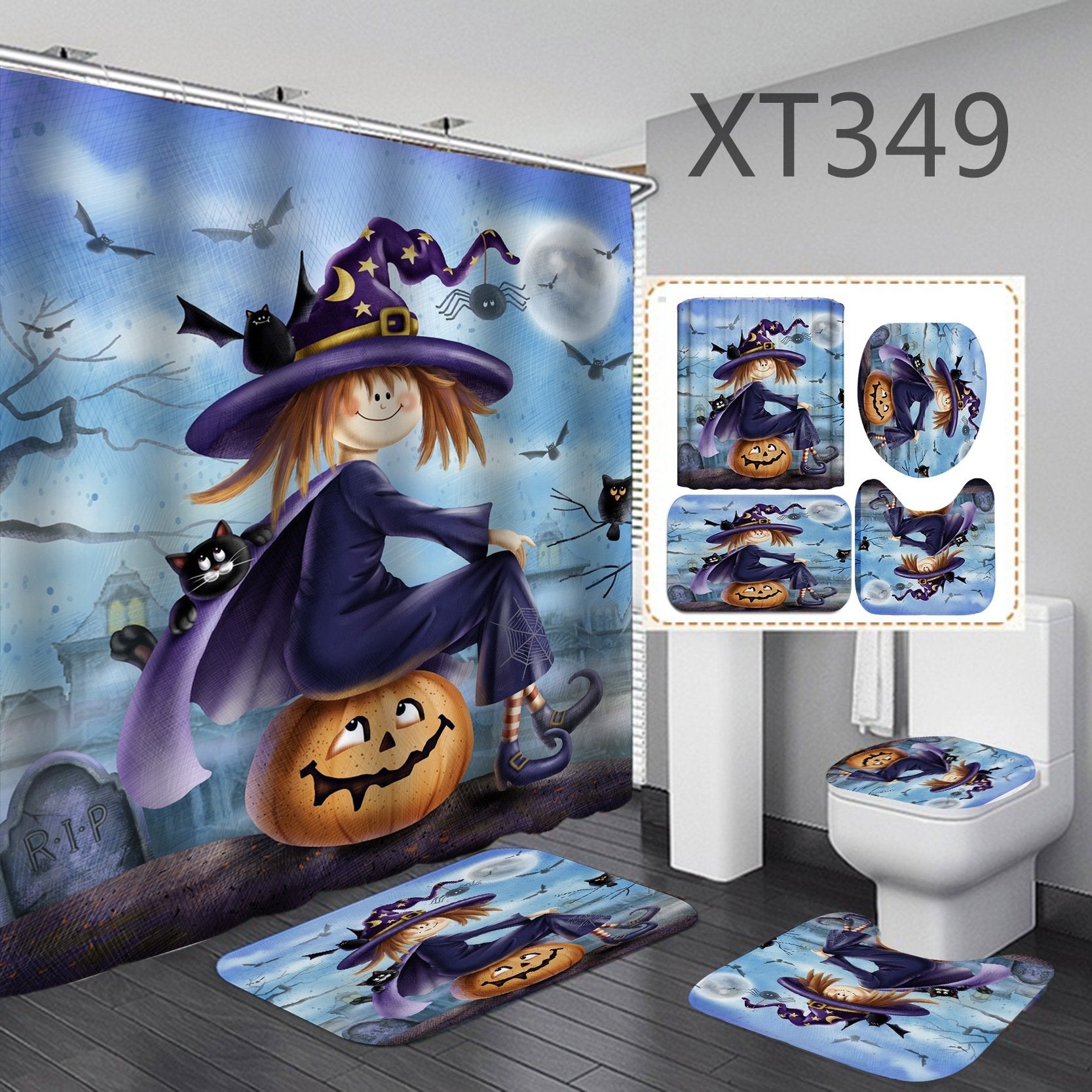 Halloween 3D Print Shower Curtain Bathroom Rug Set Bath Mat Non-Slip Toilet Lid Cover-STYLEGOING