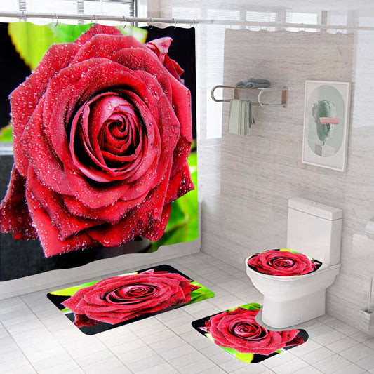 Red Rose&Butterfly Shower Curtain Sets Rug & Mat Non-Slip Toilet Lid Cover