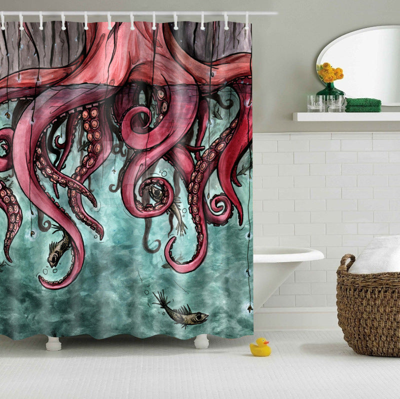 Red Octopus Fabric Shower Curtain-STYLEGOING