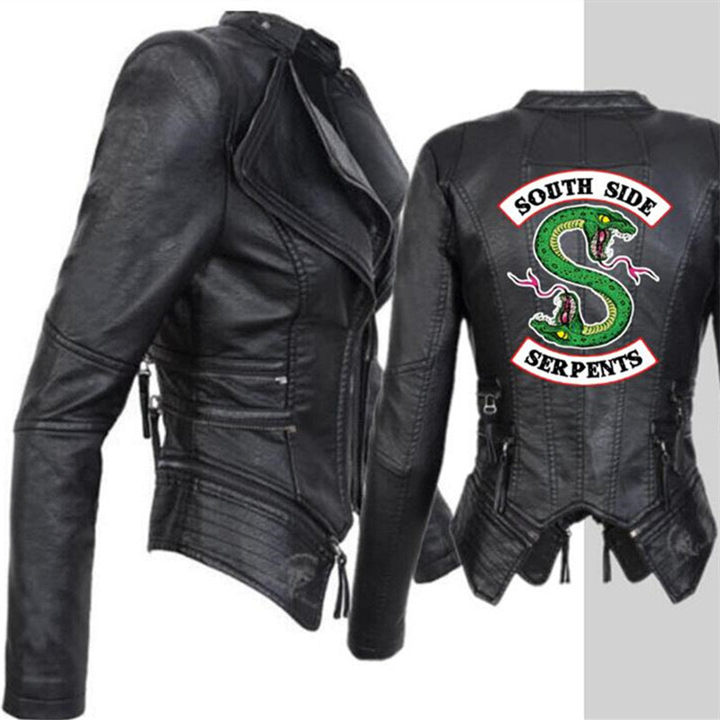Women PU Leather Zipper Short Jacket Coat with Print