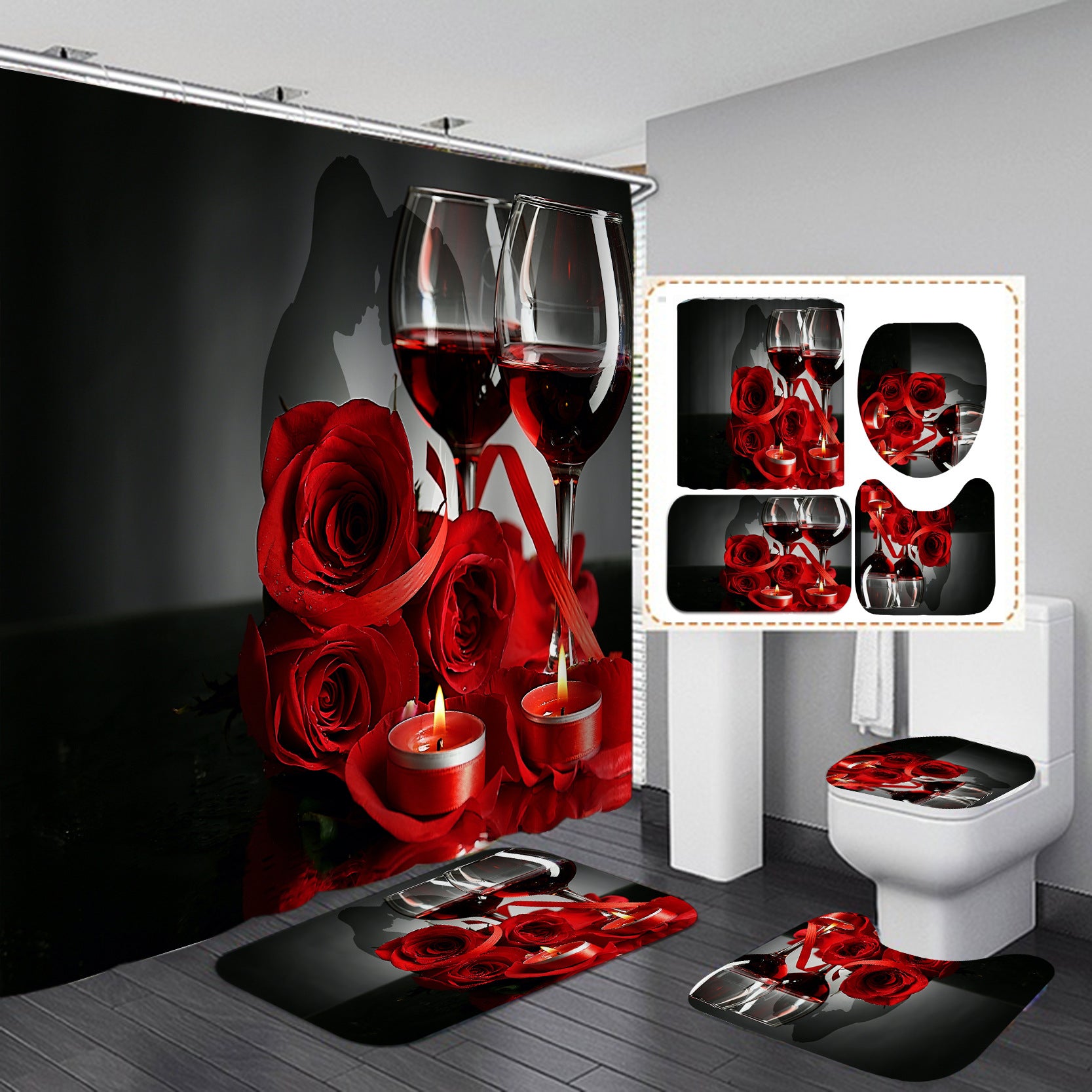Valentine's Red Rose&Wine Glasses Bathroom Shower Curtain Sets-STYLEGOING