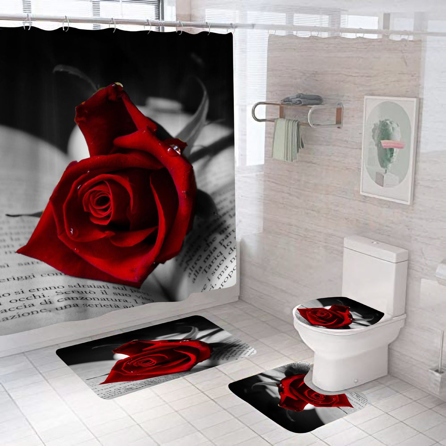 Rose Red Valentine's Day Bathroom Shower Curtain Sets with Rug