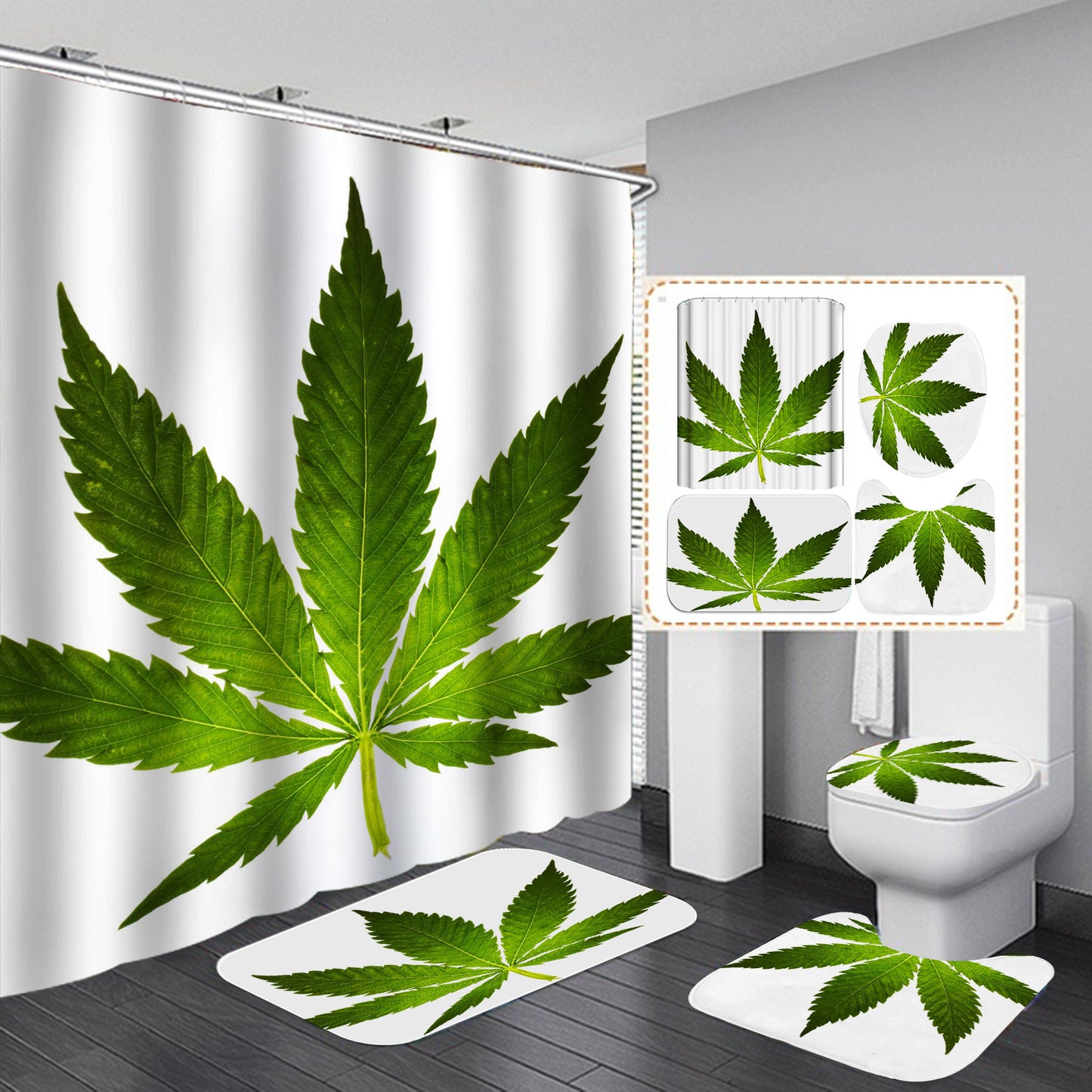 3D Palm Tree Shower Curtain Set Bathroom Rug Bath Mat Non-Slip Toilet Lid Cover