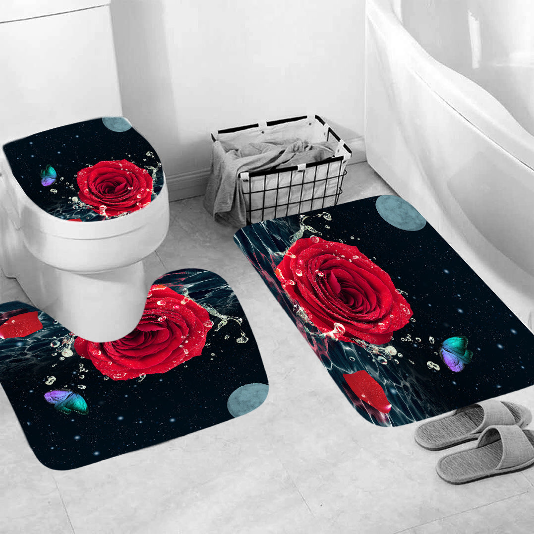 Red Rose&Butterfly Shower Curtain Sets Rug & Mat Non-Slip Toilet Lid Cover