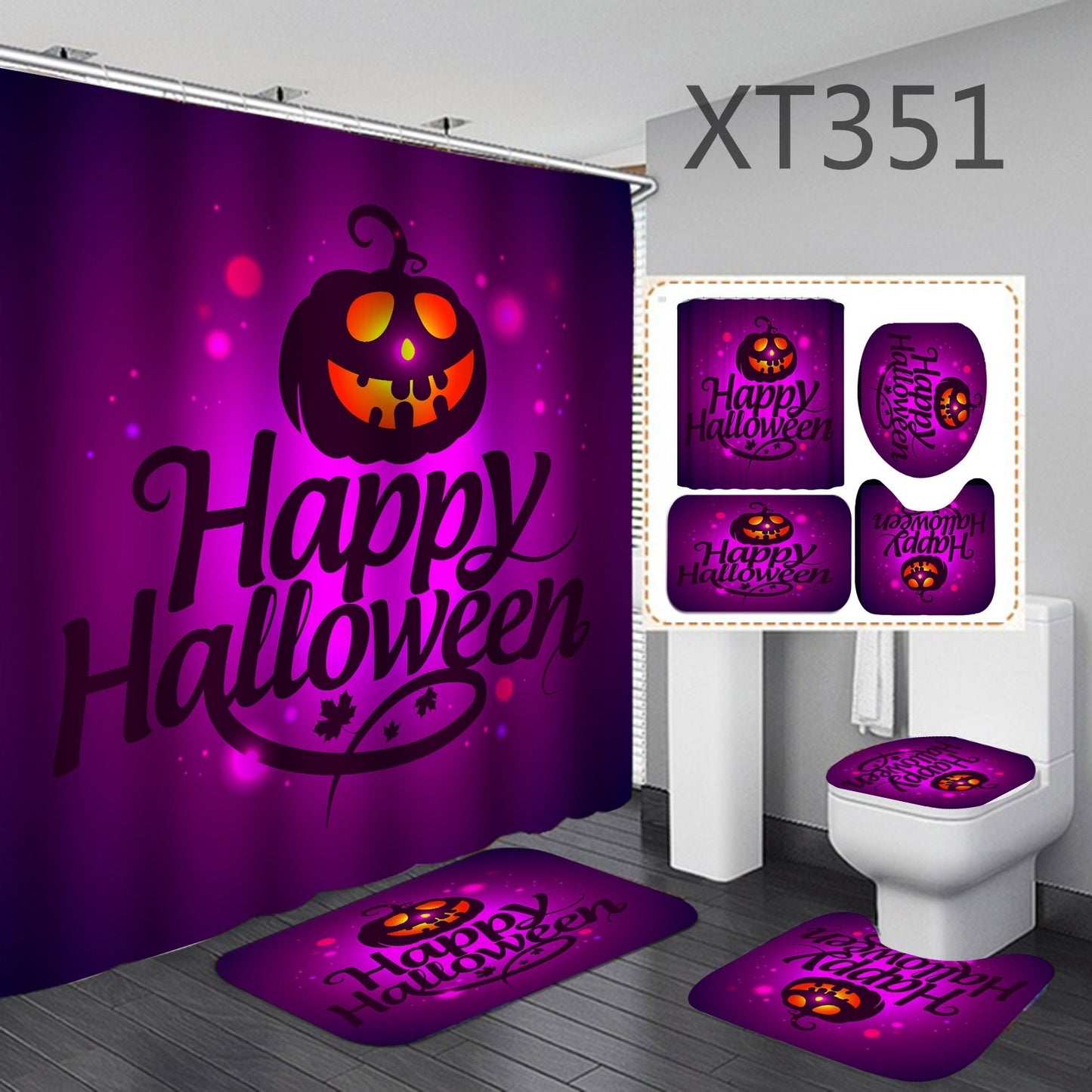 Halloween Pumpkin Shower Curtain Bathroom Rug Set Bath Mat Non-Slip Toilet Lid Cover-STYLEGOING