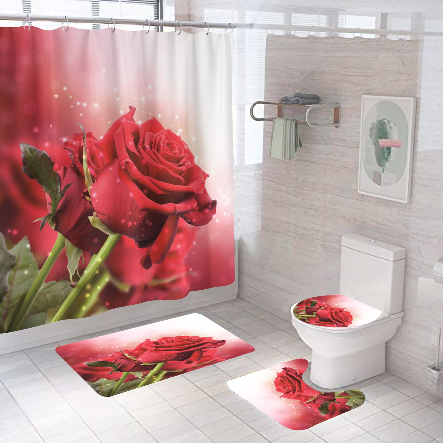 Rose Red Valentine's Day Bathroom Shower Curtain Sets with Rug