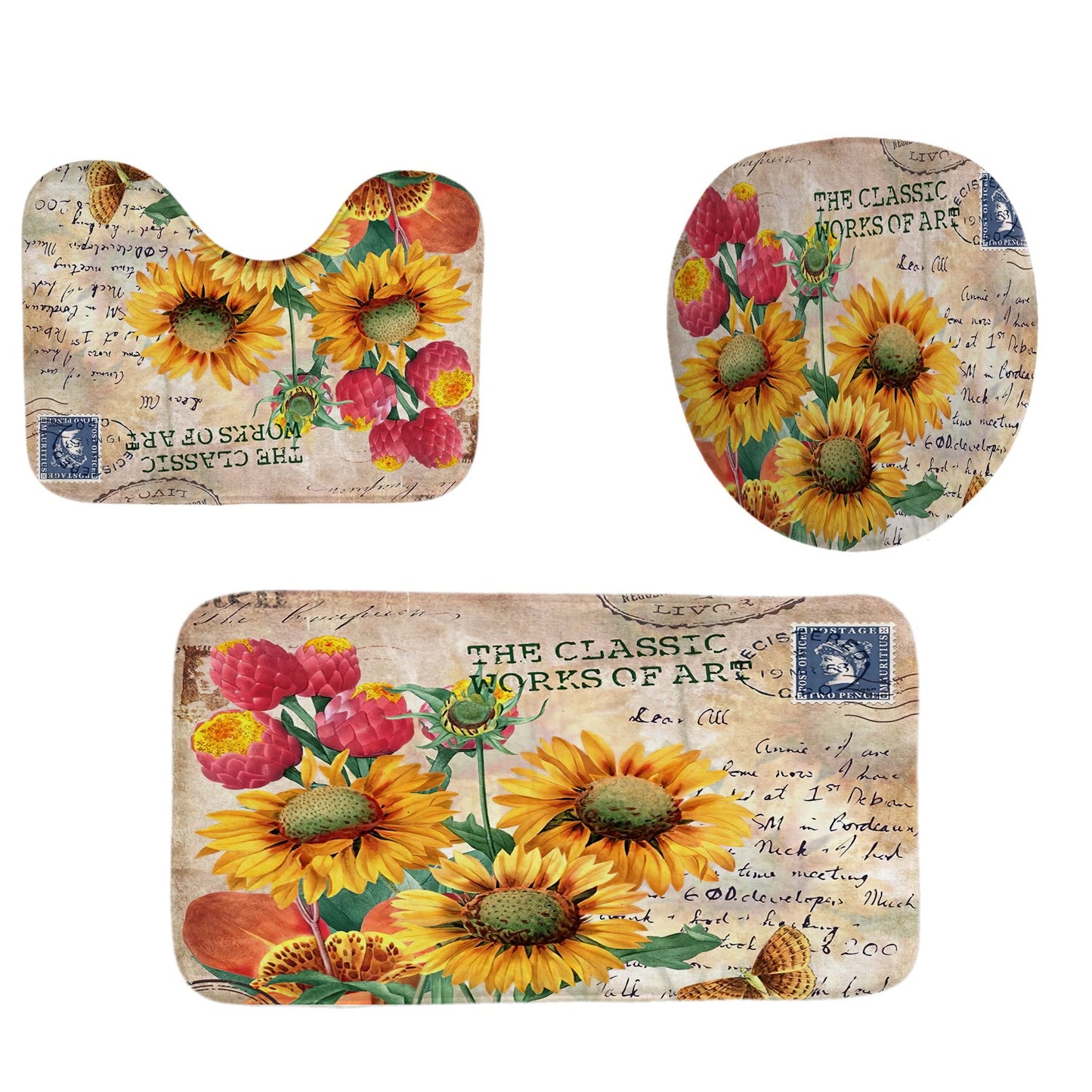 Vintage Sunflowers Shower Curtain Sets Rug & Mat Non-Slip Toilet Lid Cover