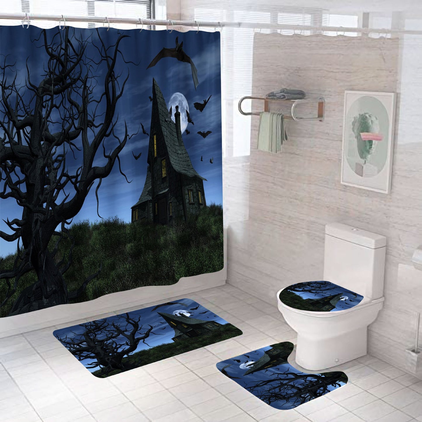 Happy Halloween Horriable Shower Curtain Bathroom Rug Set Bath Mat Non-Slip Toilet Lid Cover-STYLEGOING