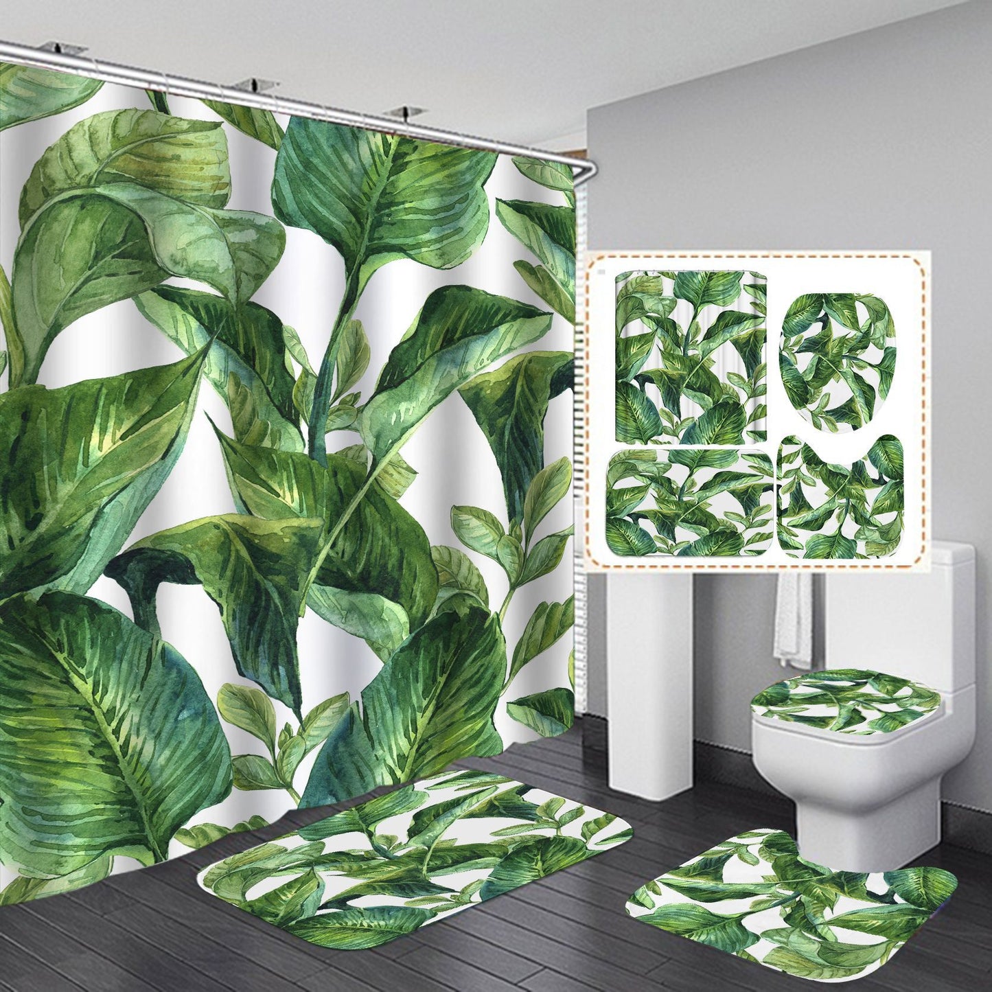 3D Palm Tree Shower Curtain Set Bathroom Rug Bath Mat Non-Slip Toilet Lid Cover