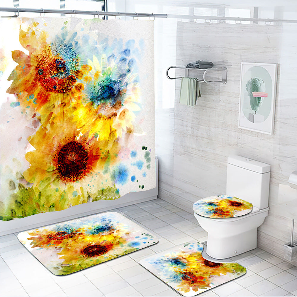 3D Sunflower Shower Curtain Set Bathroom Rug Bath Mat Non-Slip Toilet Lid Cover
