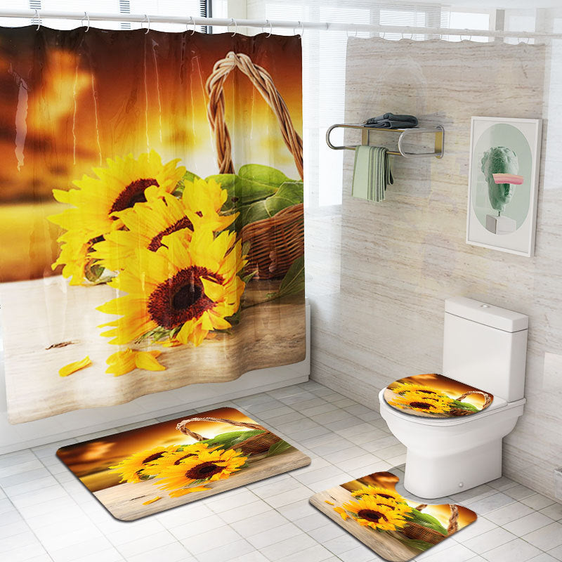 3D Sunflower Shower Curtain Set Bathroom Rug Bath Mat Non-Slip Toilet Lid Cover