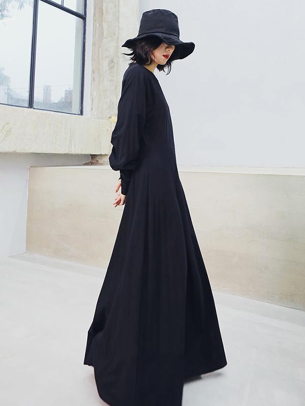 Vintage Solid Long Sleeve Dress-STYLEGOING