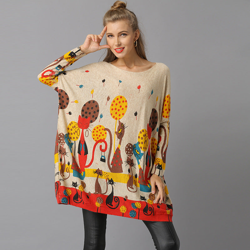 Women Off The Shoulder Cat Design Pullover Knitting Sweaters