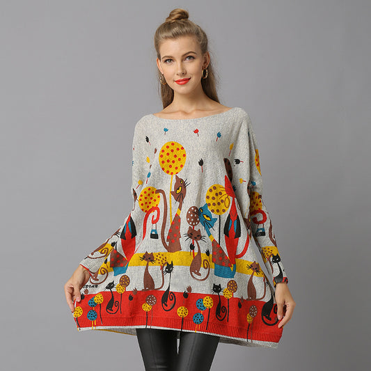 Women Off The Shoulder Cat Design Pullover Knitting Sweaters