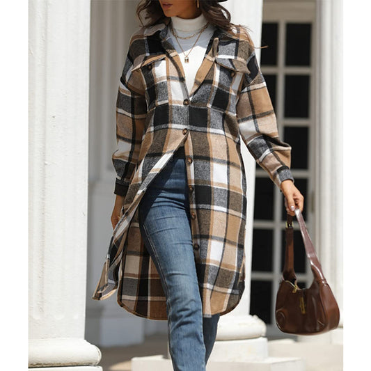 Casual Women Plaid Woolen Long Shirts