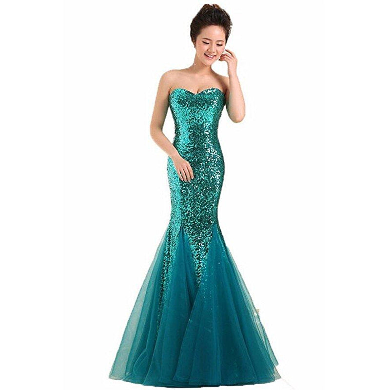 Women Strapless Sequined Sexy Mermaid Long Evening Dresses