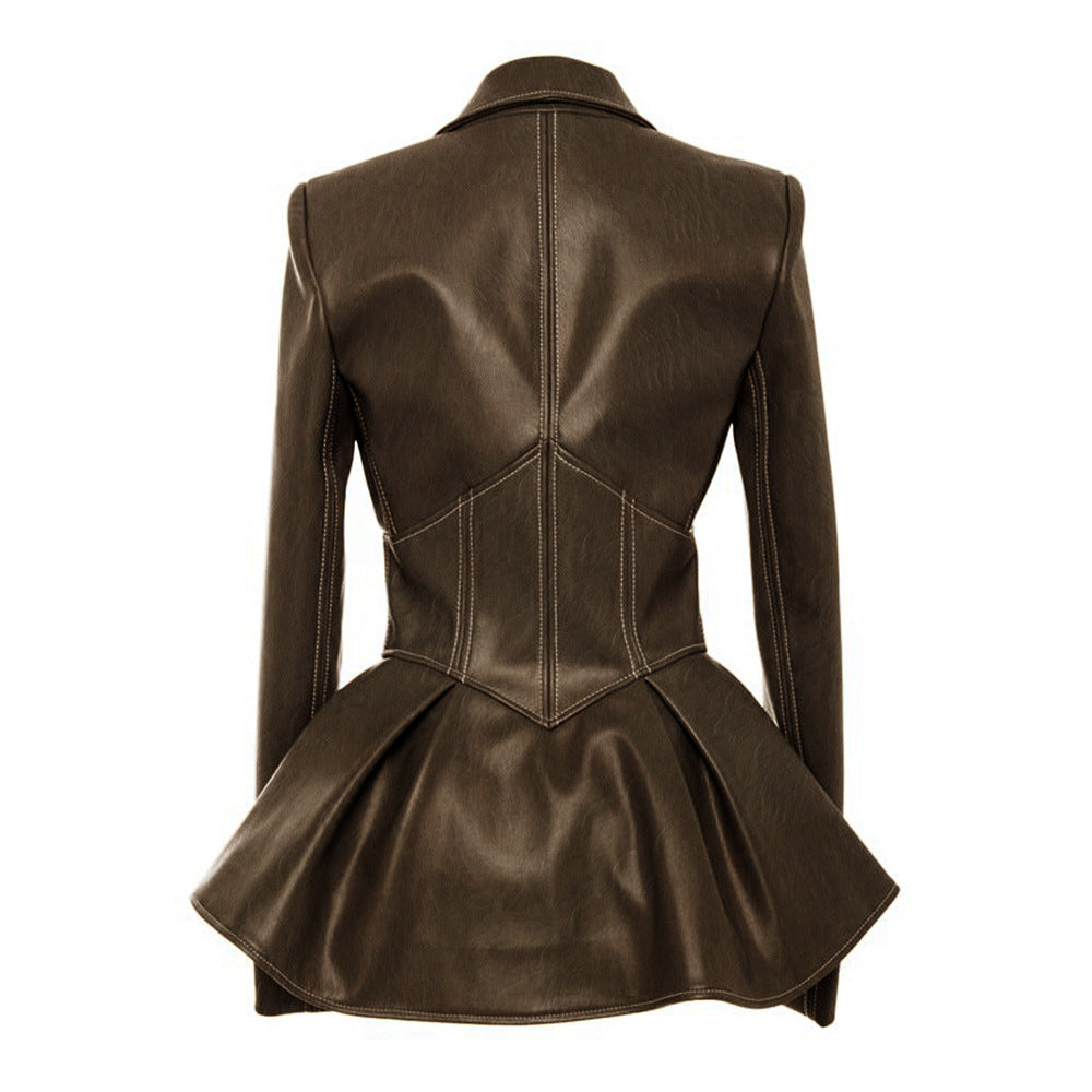 Women PU Leather Skirt Style Jacket Overcoat