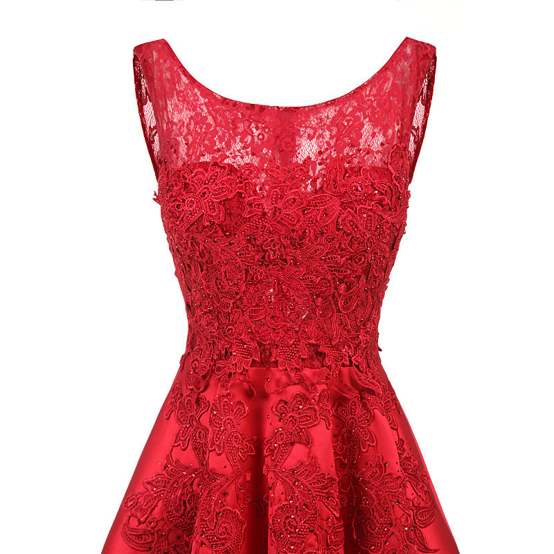 Women Red Lace Asymmetrical Evening Party Dresses