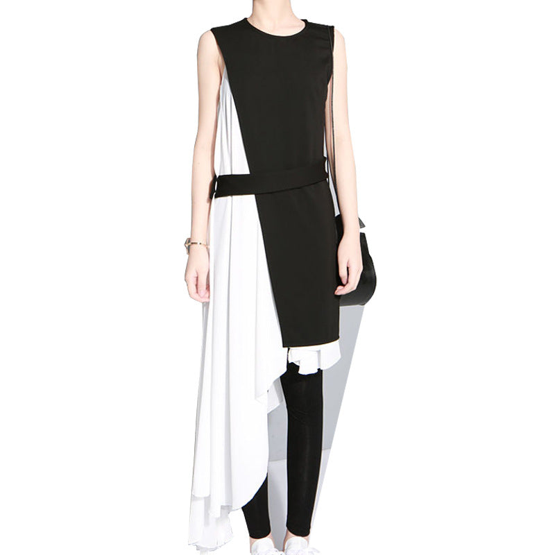 Black Whiter Irregular White Dress and Black Vest Set for Women